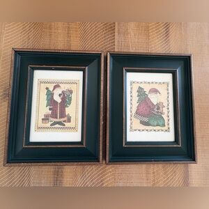 Vtg Folk Art Santa Claus Prints by Debbie Mumm 1990's Dark Green Wood Frame (2)